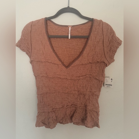 Free People Tops - NWT Free People Ribbed Lace Krystal Tuscany Brown Ruffle T Shirt Tee Top Small